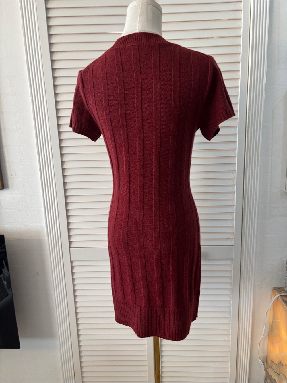 Reformation Ribbed Short-Sleeve Mini Dress in Burgundy - Picture 8 of 12